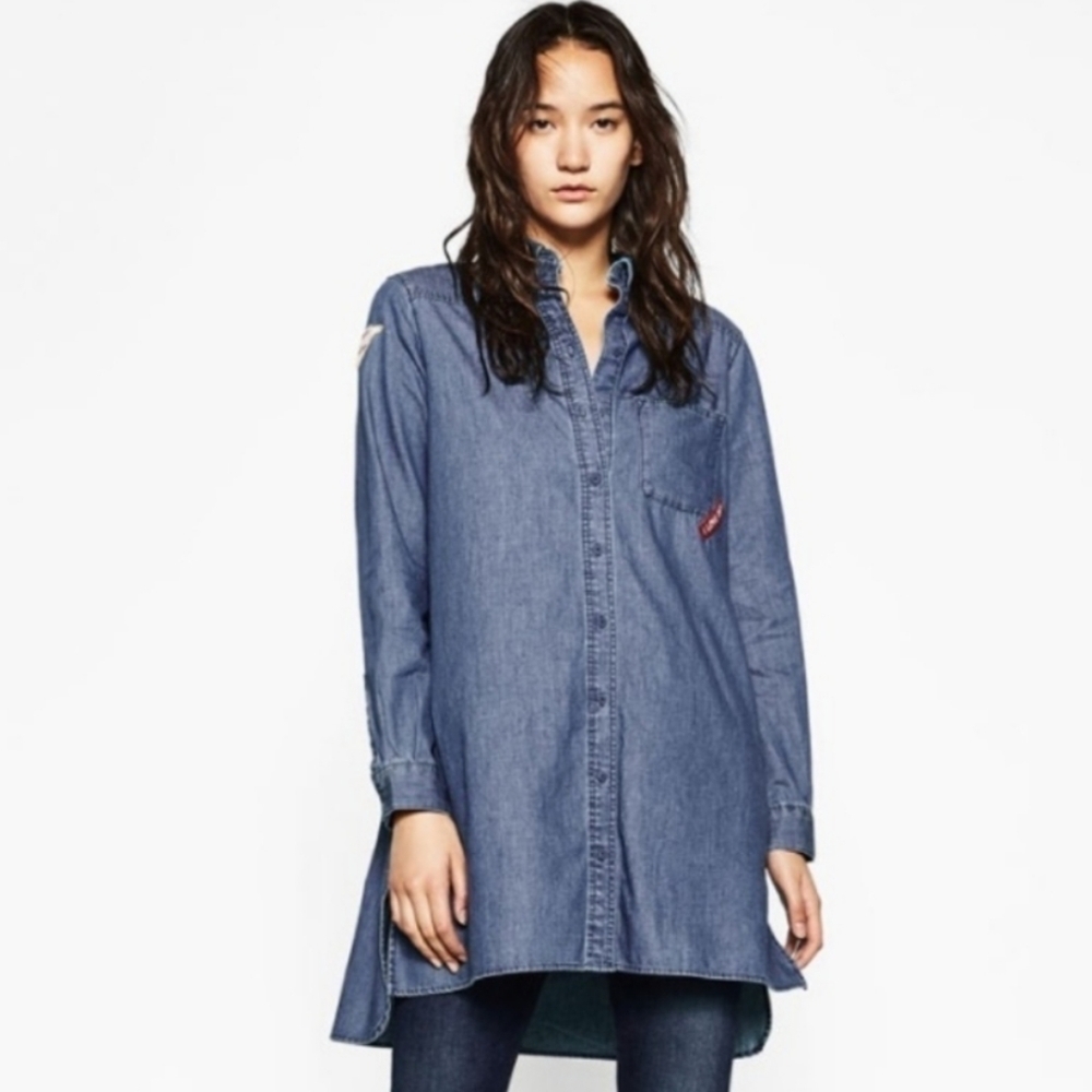 Zara Denim Patch Shirt Dress Button Down Collared Blue Womens Size Small